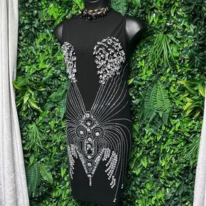 AKIRA Dress 2XL Black Sleeveless Rhinestone Embellished Sheer Neck Cocktail 3477